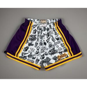 Mitchell & Ness Shorts‎ Women's L Doodle Purple/Yellow LA Lakers Shorts 3" HC